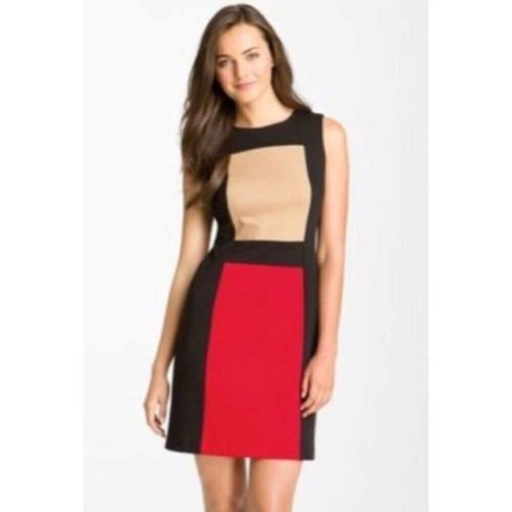 Calvin Klein‎ Colorblock Sheath Dress Size 6 Sleeveless Black Red Beige  Office - Picture 3 of 11